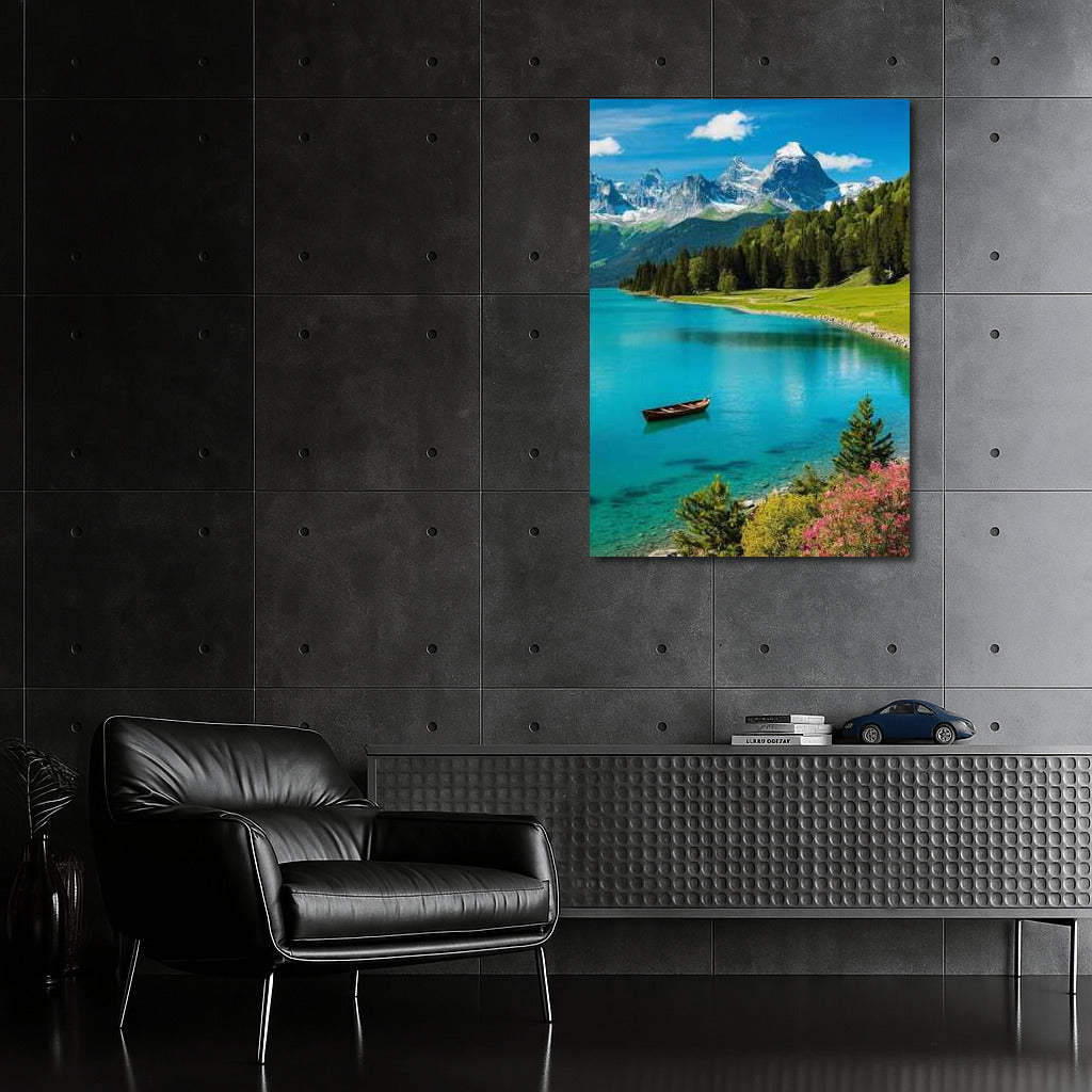 Swiss Idyll: Mountains and Boat at Mirror Lake