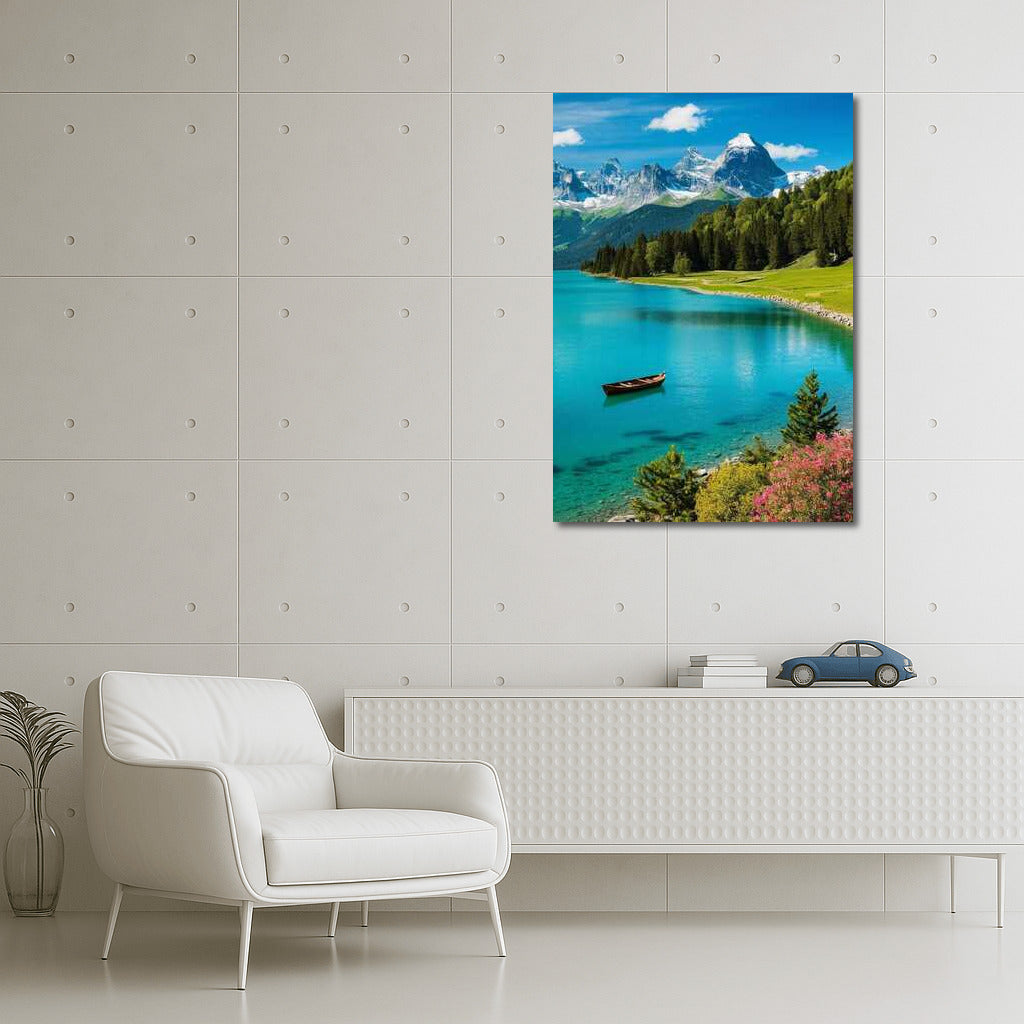 Swiss Idyll: Mountains and Boat at Mirror Lake