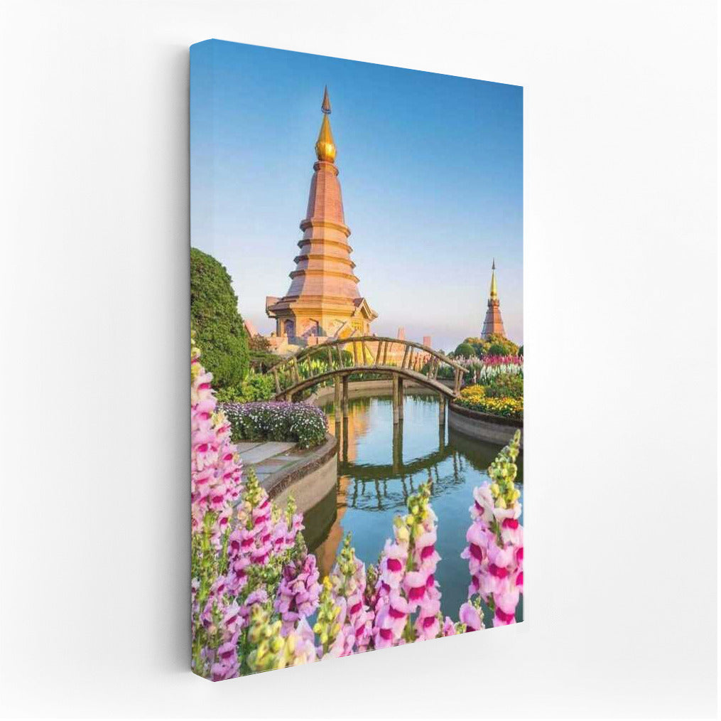 Temple of Thailand among Flowering Gardens and Bridges