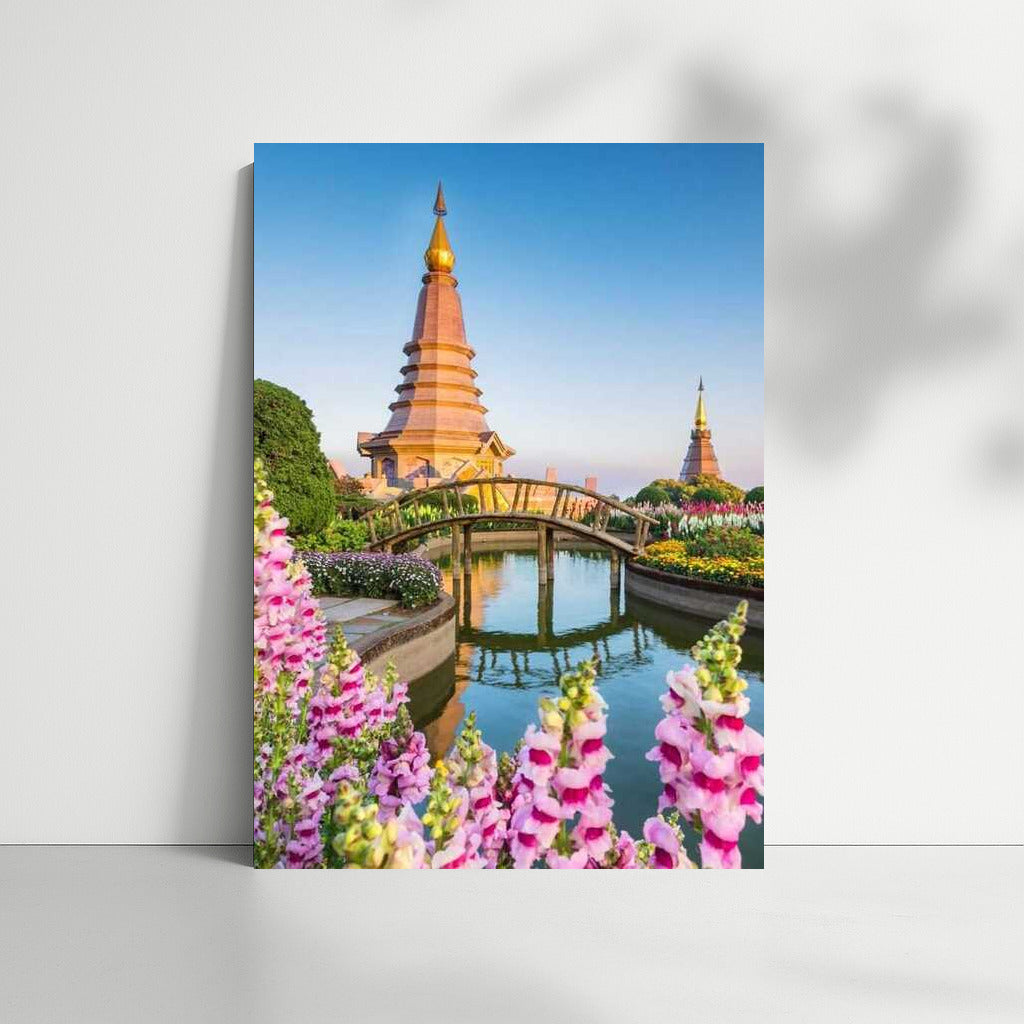 Temple of Thailand among Flowering Gardens and Bridges