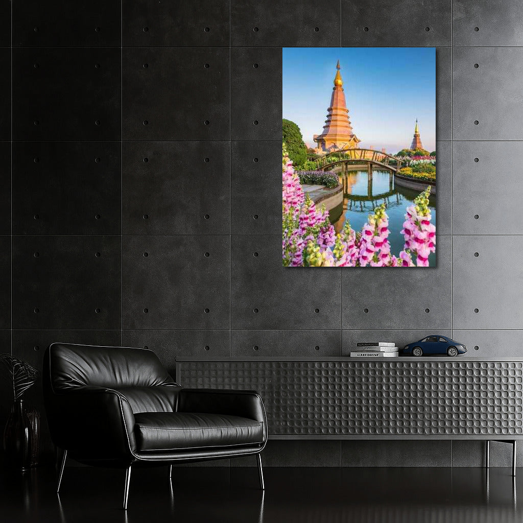 Temple of Thailand among Flowering Gardens and Bridges
