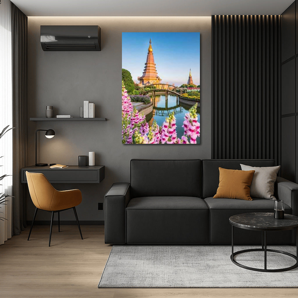 Temple of Thailand among Flowering Gardens and Bridges