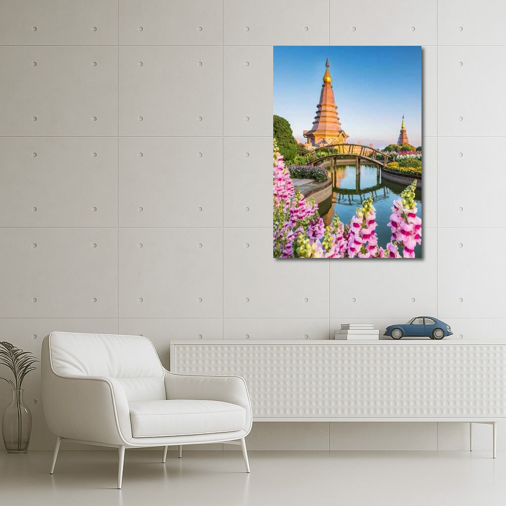 Temple of Thailand among Flowering Gardens and Bridges