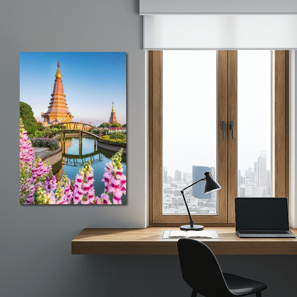 Temple of Thailand among Flowering Gardens and Bridges
