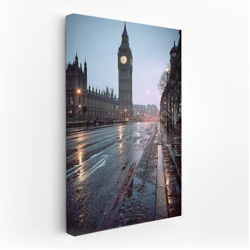 Mysterious London Morning: Big Ben and Wet Streets of Great Britain