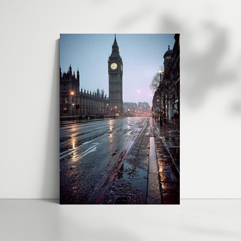 Mysterious London Morning: Big Ben and Wet Streets of Great Britain