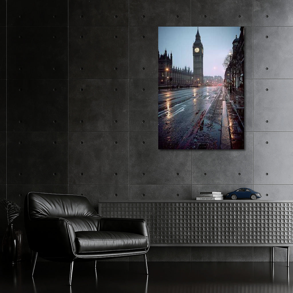 Mysterious London Morning: Big Ben and Wet Streets of Great Britain