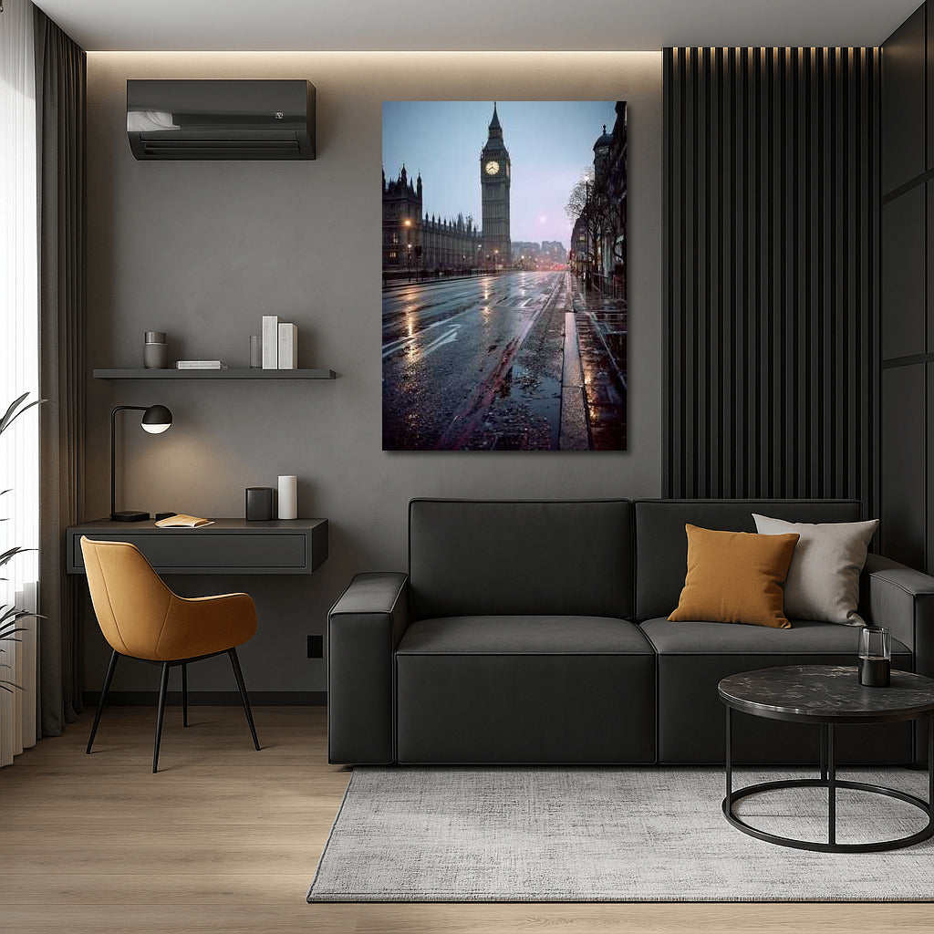 Mysterious London Morning: Big Ben and Wet Streets of Great Britain