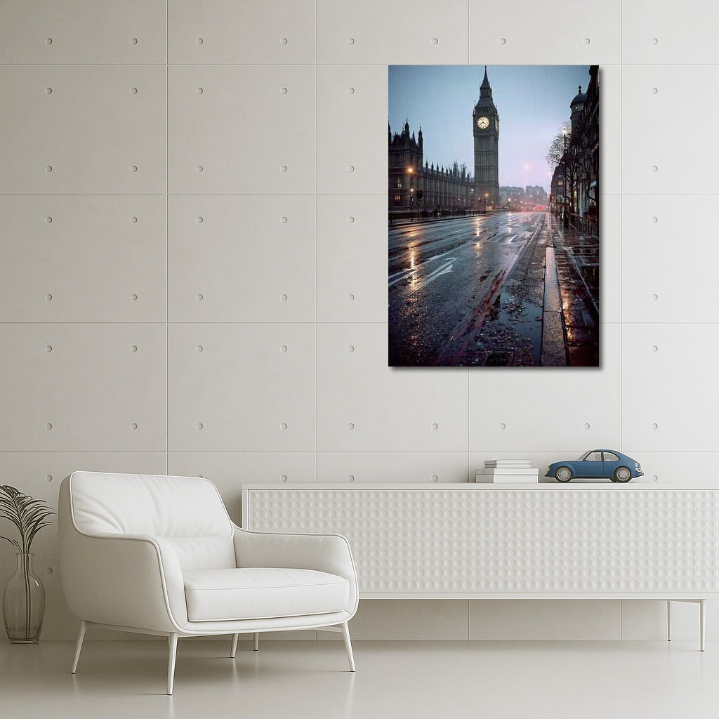 Mysterious London Morning: Big Ben and Wet Streets of Great Britain