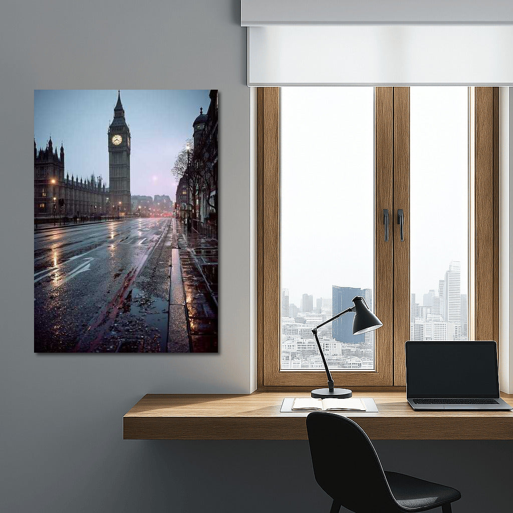 Mysterious London Morning: Big Ben and Wet Streets of Great Britain