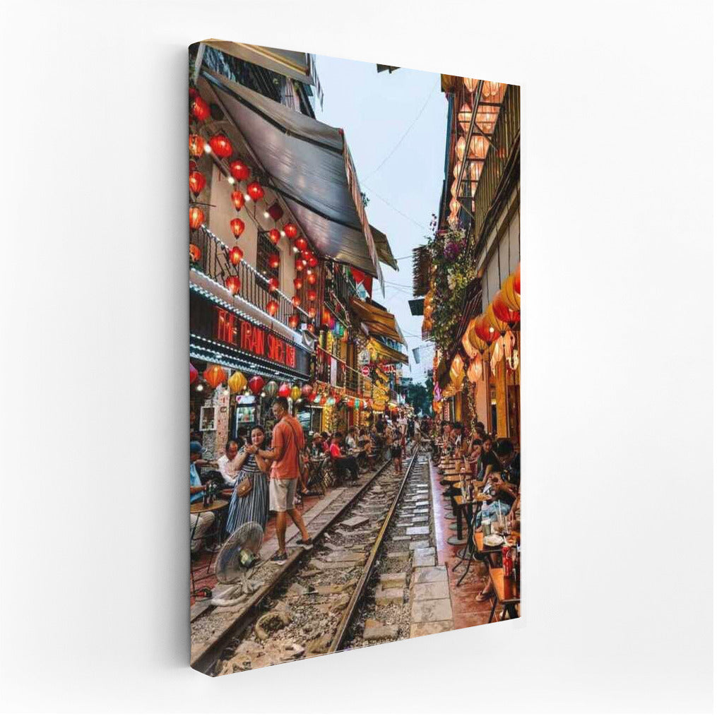 Busy Street of Vietnam: Lanterns and Cafes