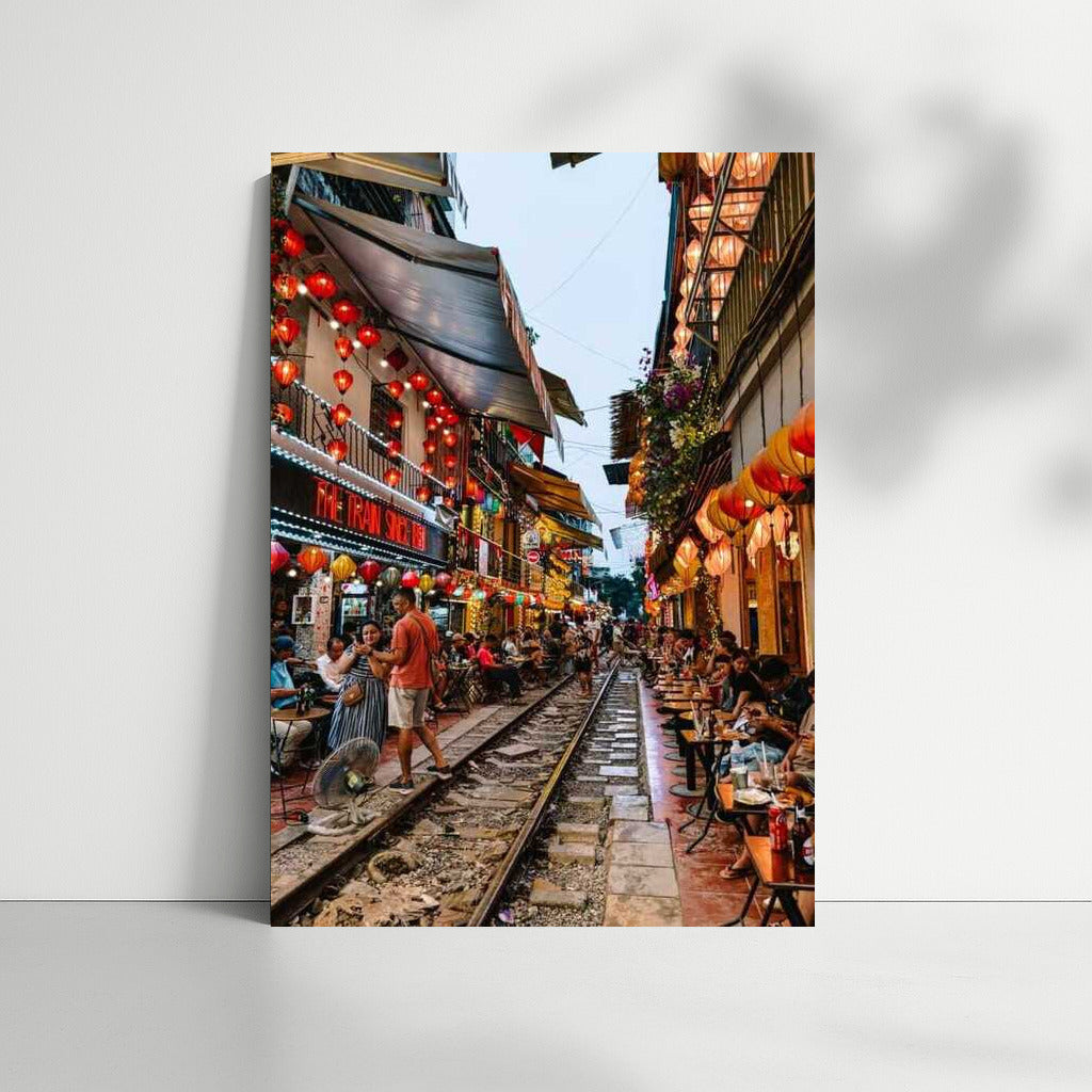 Busy Street of Vietnam: Lanterns and Cafes