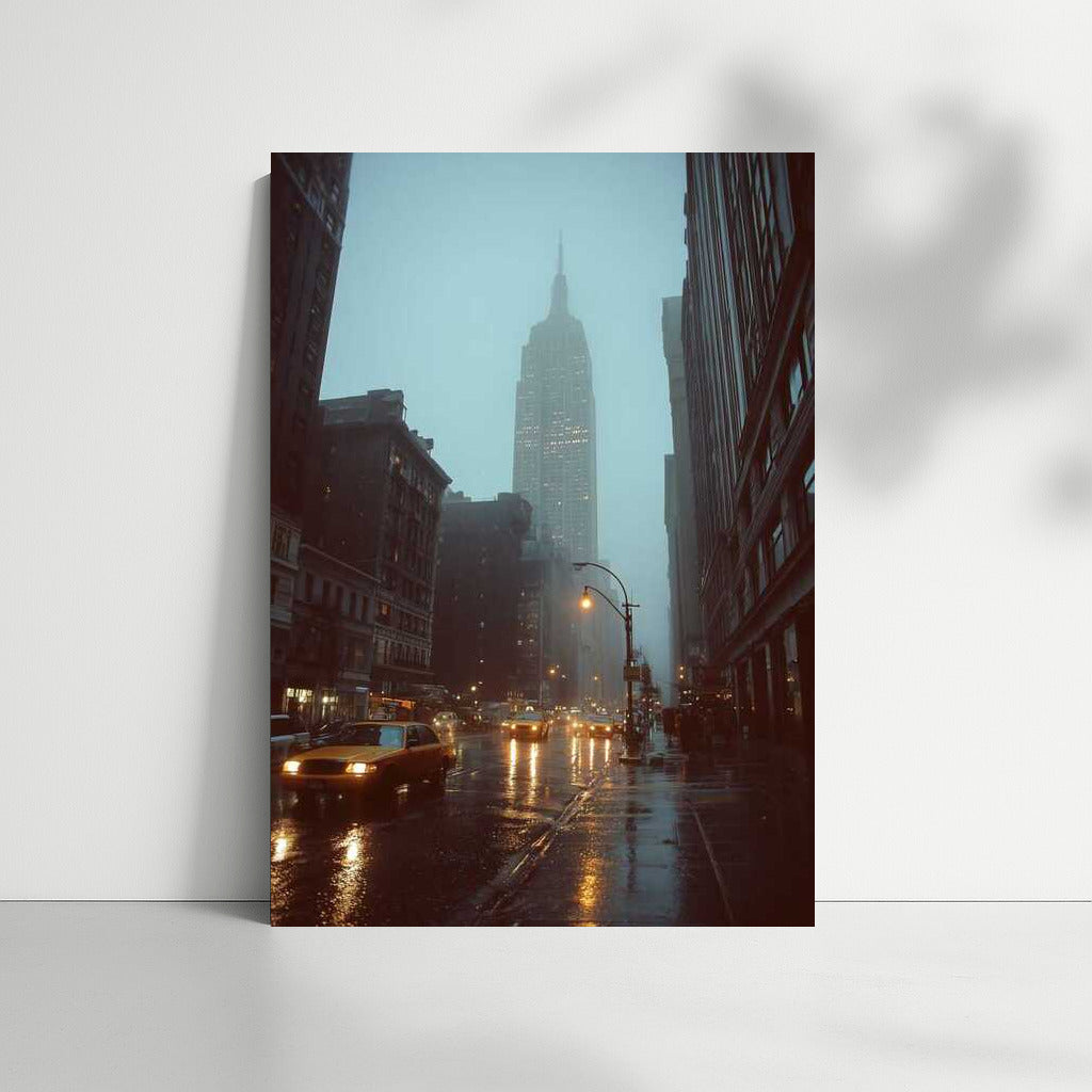 Foggy Morning in New York: Taxi Lights and Skyscrapers