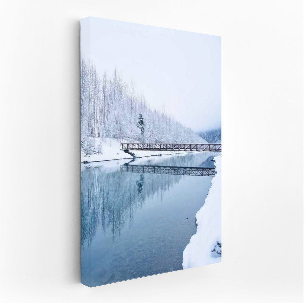 Wooden Bridge Over Mirror River: Snowy Silence of Alaska