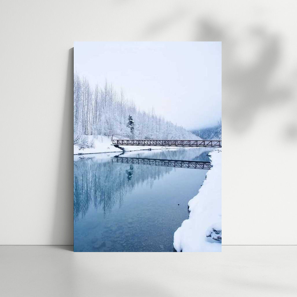 Wooden Bridge Over Mirror River: Snowy Silence of Alaska
