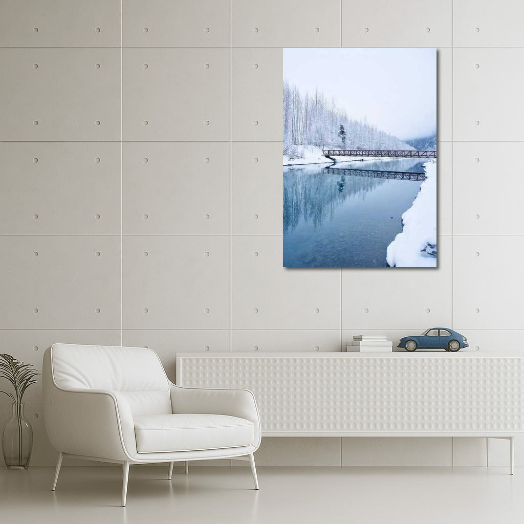 Wooden Bridge Over Mirror River: Snowy Silence of Alaska