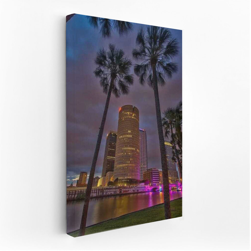 Tropical Night Florida: Skyscrapers and Palm Trees in Lights