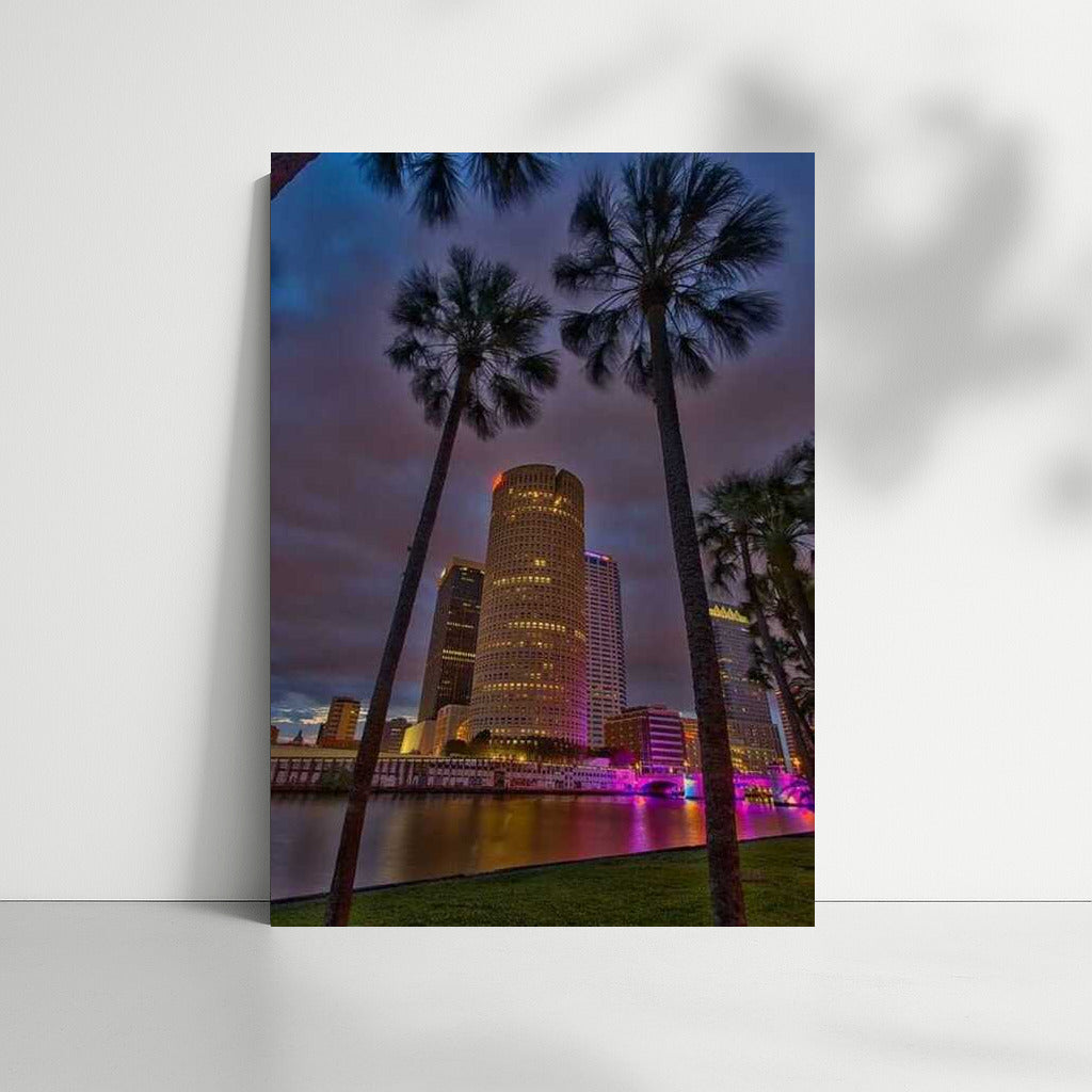 Tropical Night Florida: Skyscrapers and Palm Trees in Lights