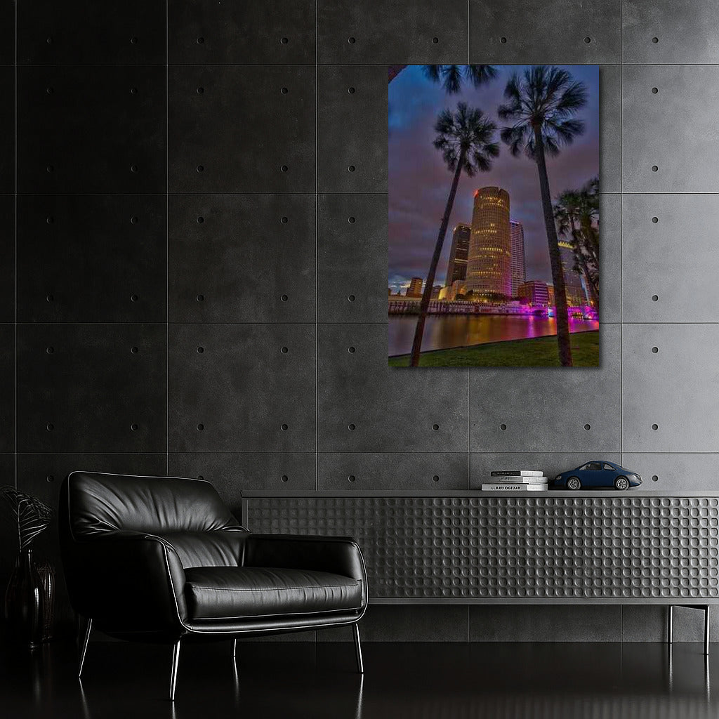 Tropical Night Florida: Skyscrapers and Palm Trees in Lights