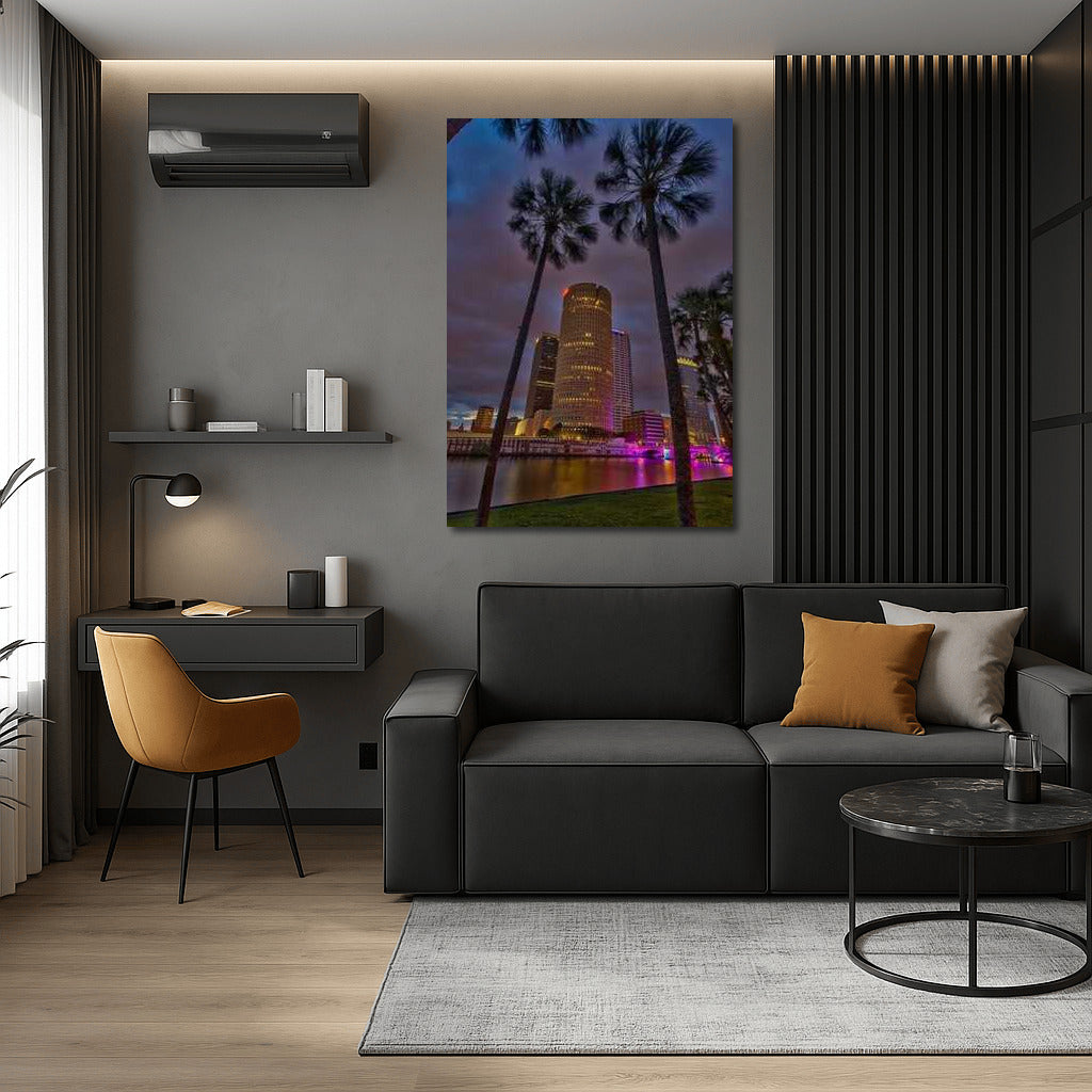Tropical Night Florida: Skyscrapers and Palm Trees in Lights