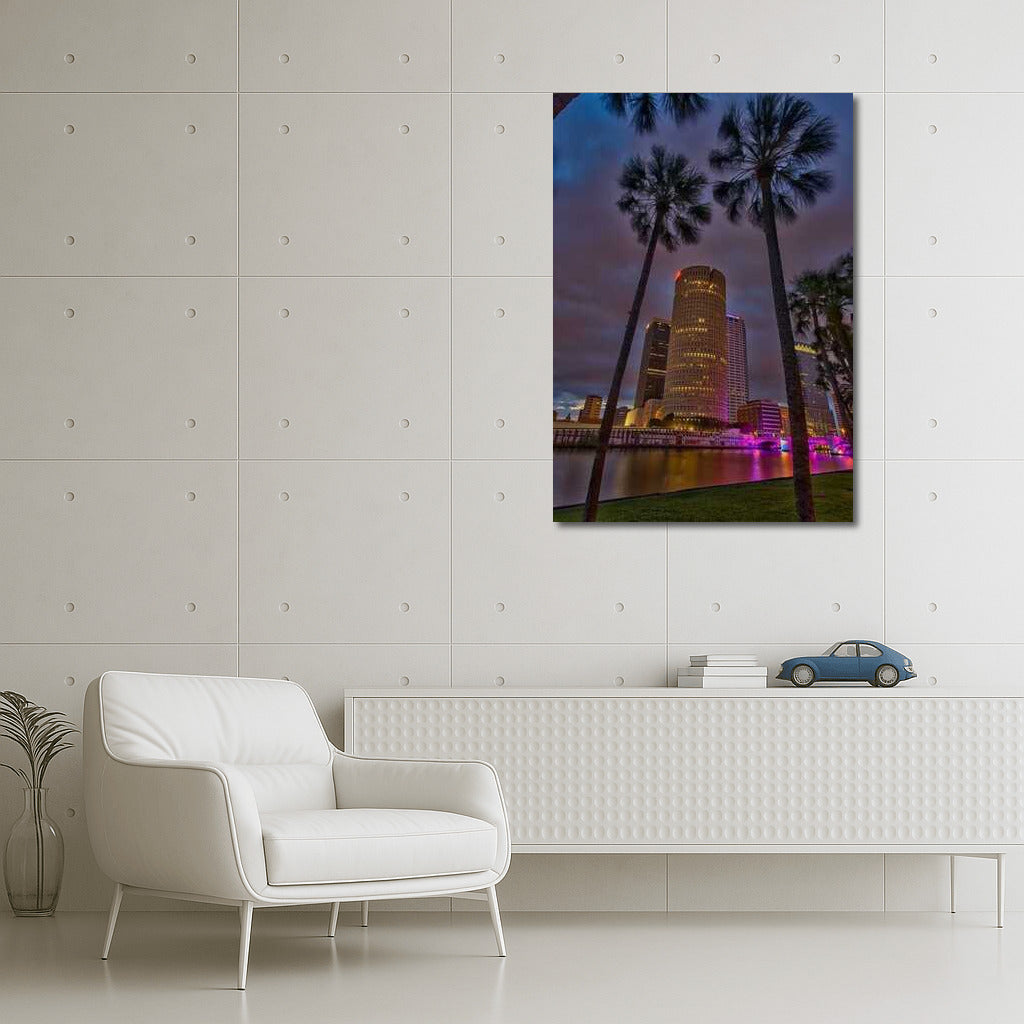 Tropical Night Florida: Skyscrapers and Palm Trees in Lights