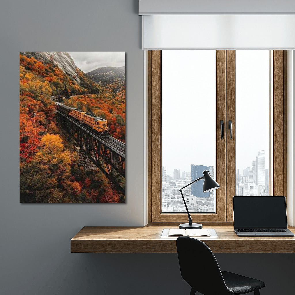 Vermont in Autumn: Train on the Burning Color Bridge