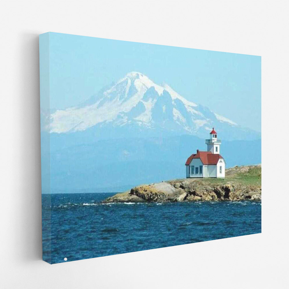 Washington Lighthouse with Mountains in the Background: Calm and Space
