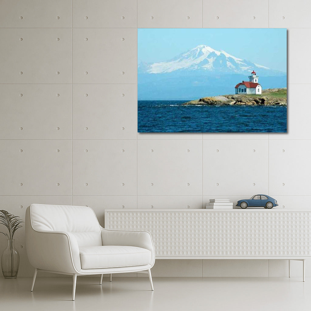 Washington Lighthouse with Mountains in the Background: Calm and Space