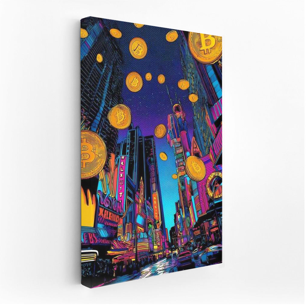 Bitcoin Neon City: Melting Lights and Floating Coins