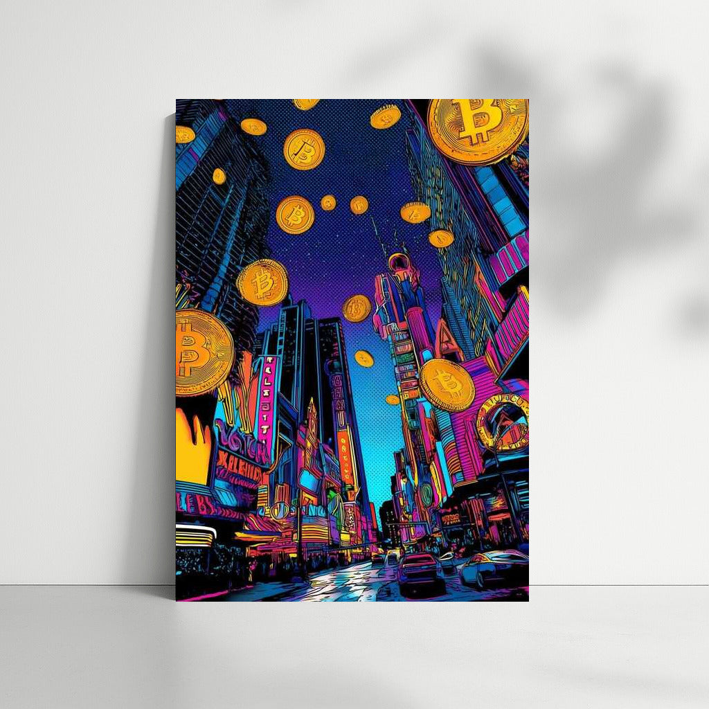 Bitcoin Neon City: Melting Lights and Floating Coins