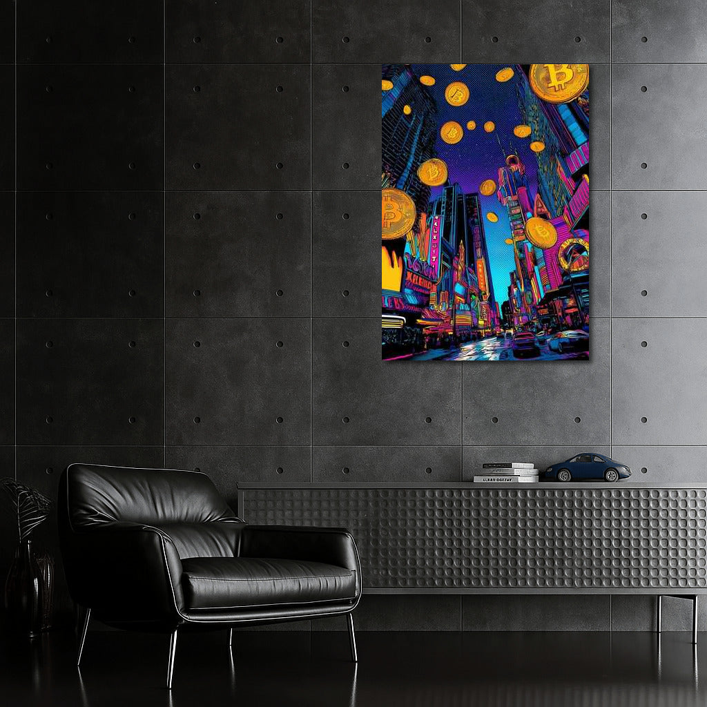 Bitcoin Neon City: Melting Lights and Floating Coins
