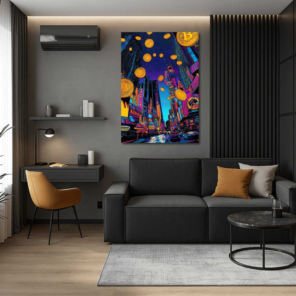 Bitcoin Neon City: Melting Lights and Floating Coins