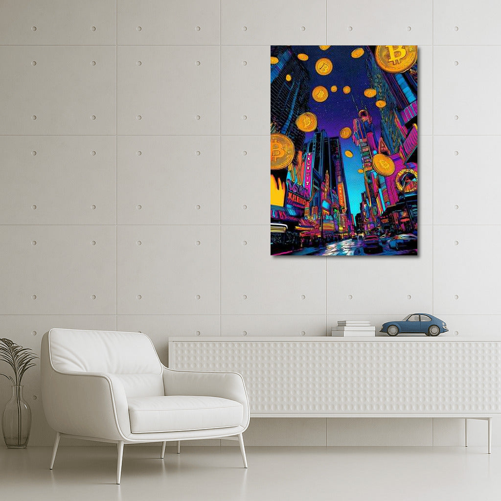 Bitcoin Neon City: Melting Lights and Floating Coins
