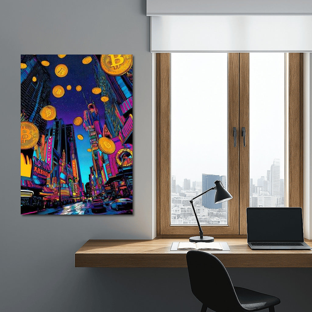 Bitcoin Neon City: Melting Lights and Floating Coins