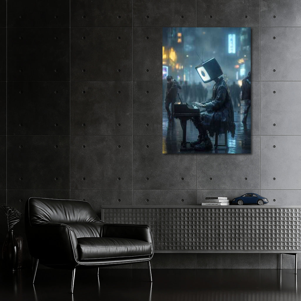 Cyberpunk Symphony: Neon Pianist with Screen Head