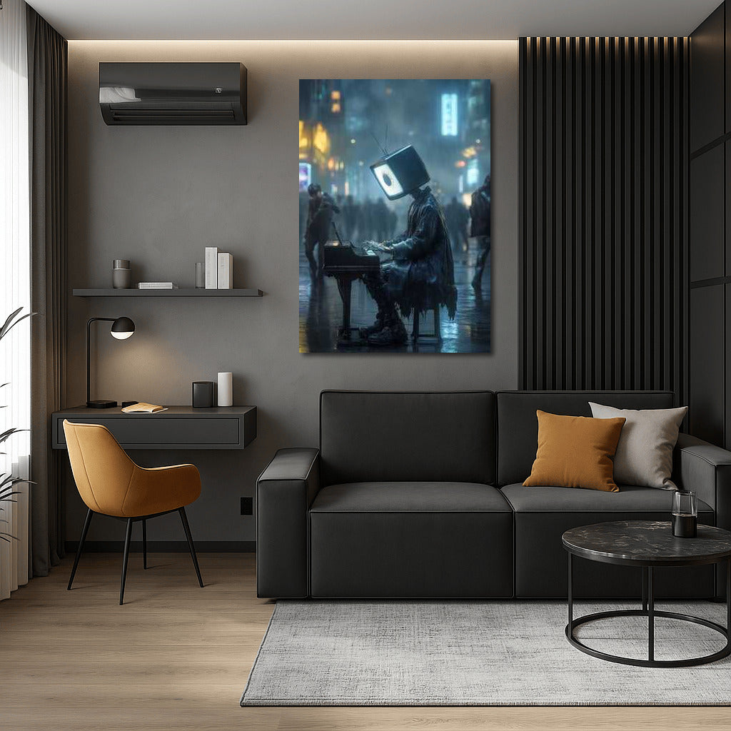 Cyberpunk Symphony: Neon Pianist with Screen Head