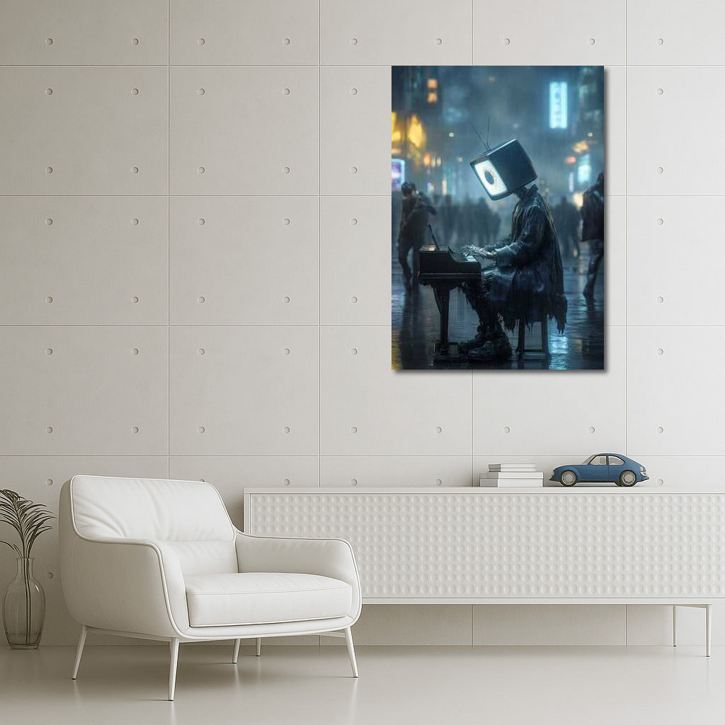 Cyberpunk Symphony: Neon Pianist with Screen Head