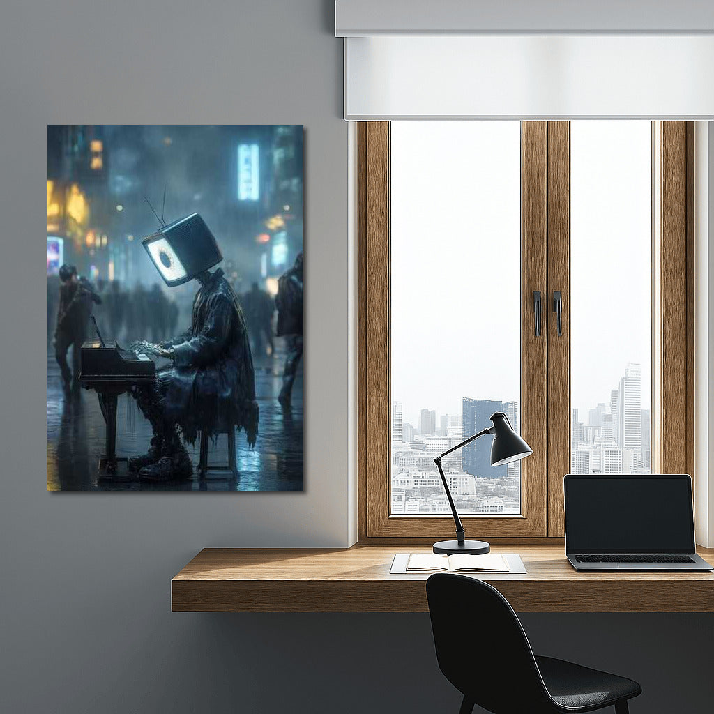 Cyberpunk Symphony: Neon Pianist with Screen Head