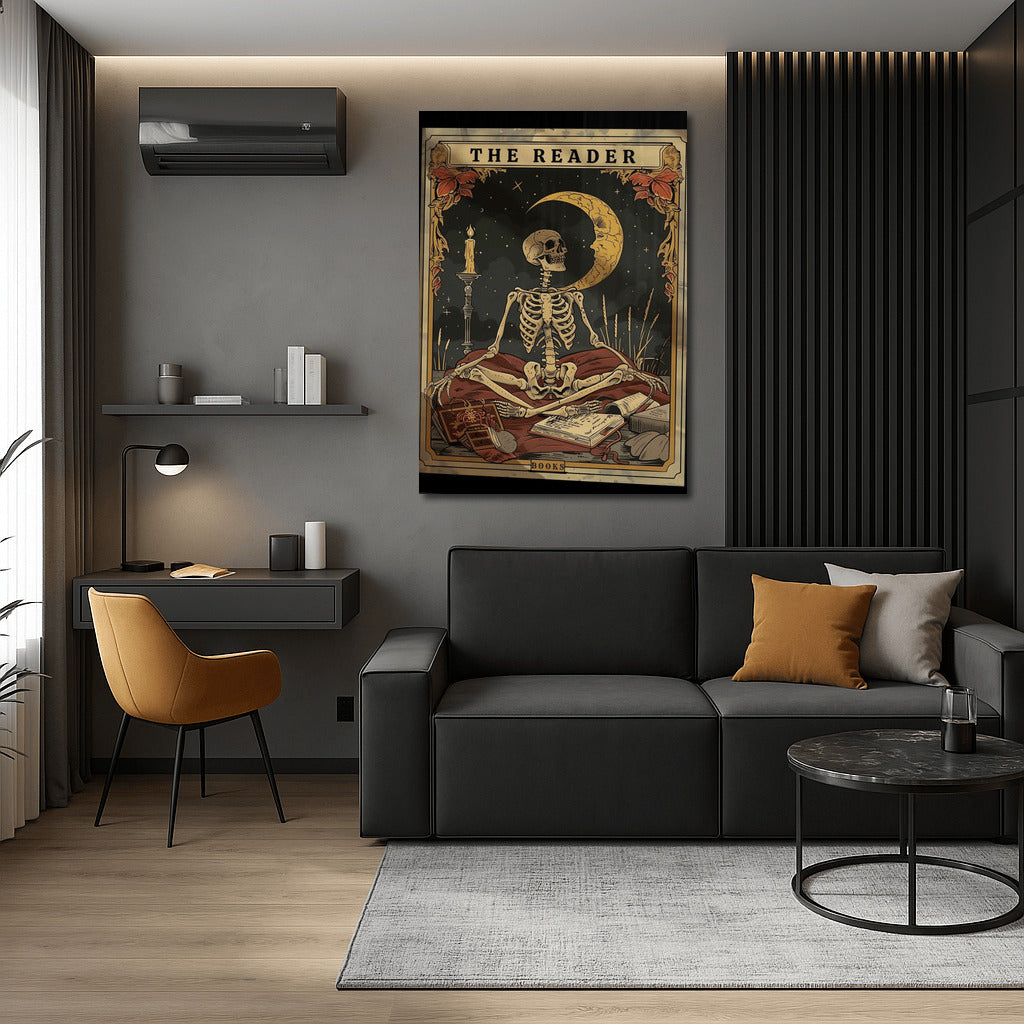 Moon Reader: Gothic Skeleton Among Candles and Books