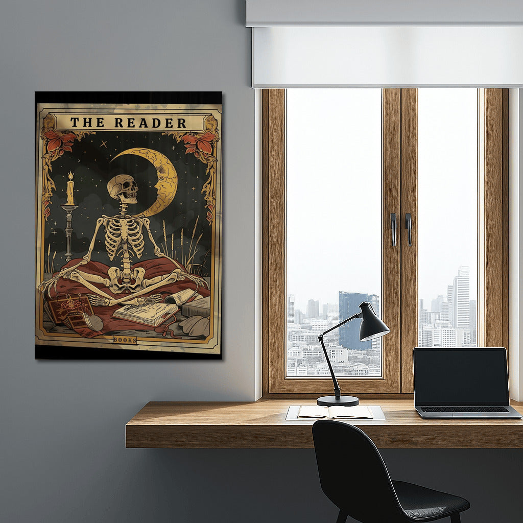 Moon Reader: Gothic Skeleton Among Candles and Books