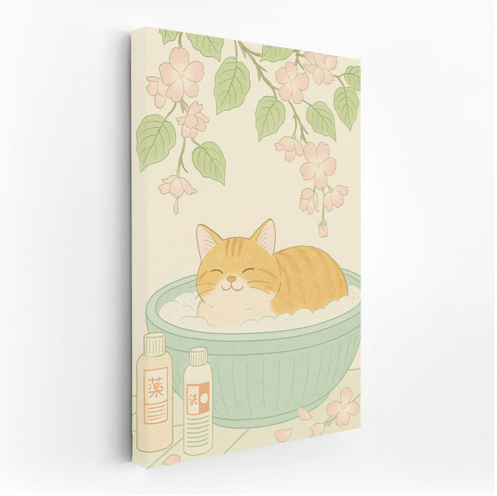 Cozy Kitty in a Blooming Bath: Japanese Minimal Calm