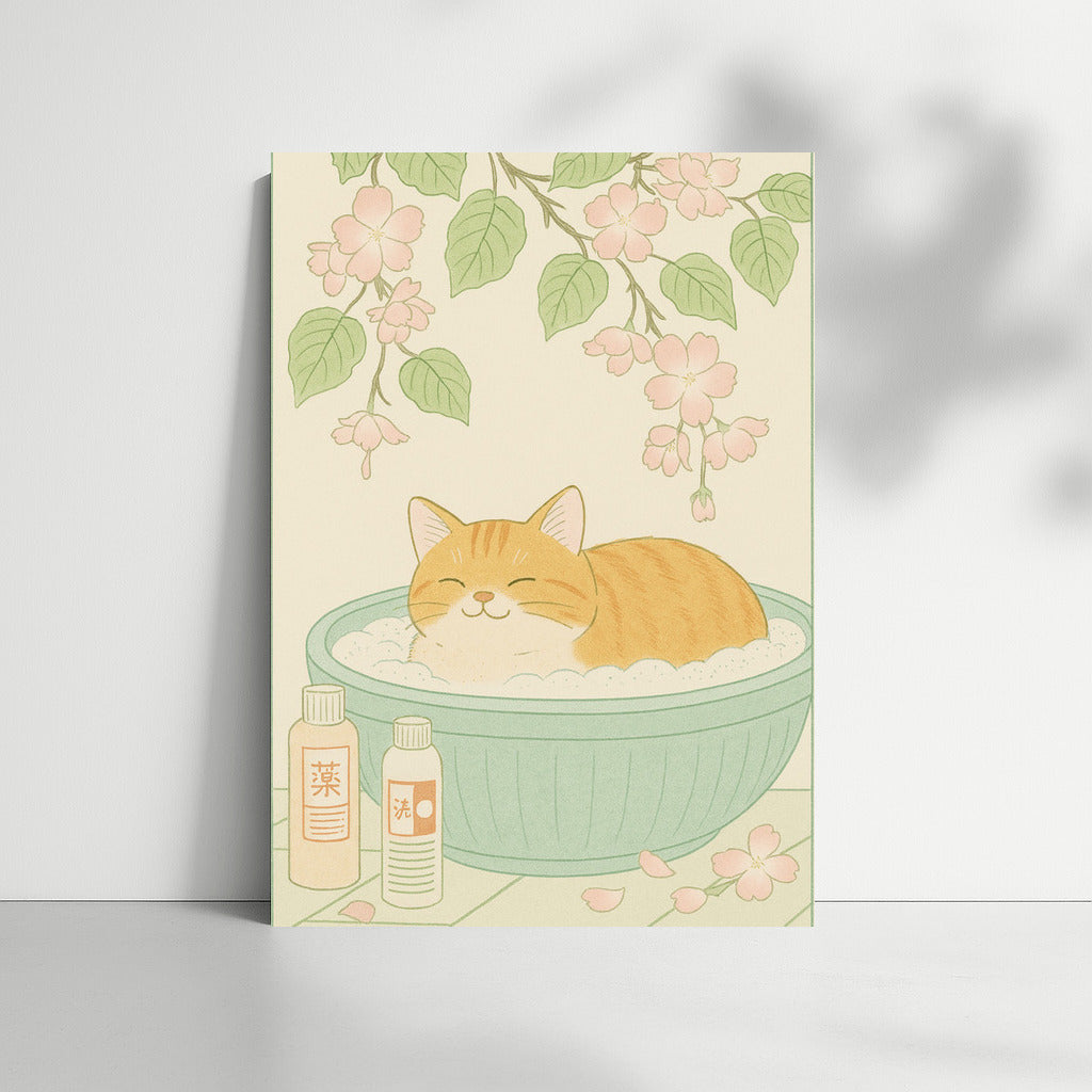 Cozy Kitty in a Blooming Bath: Japanese Minimal Calm