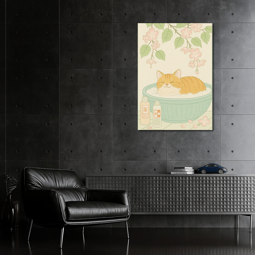 Cozy Kitty in a Blooming Bath: Japanese Minimal Calm