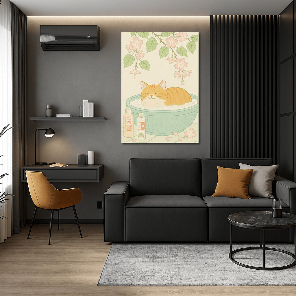 Cozy Kitty in a Blooming Bath: Japanese Minimal Calm
