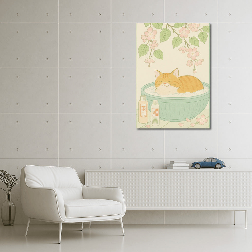 Cozy Kitty in a Blooming Bath: Japanese Minimal Calm