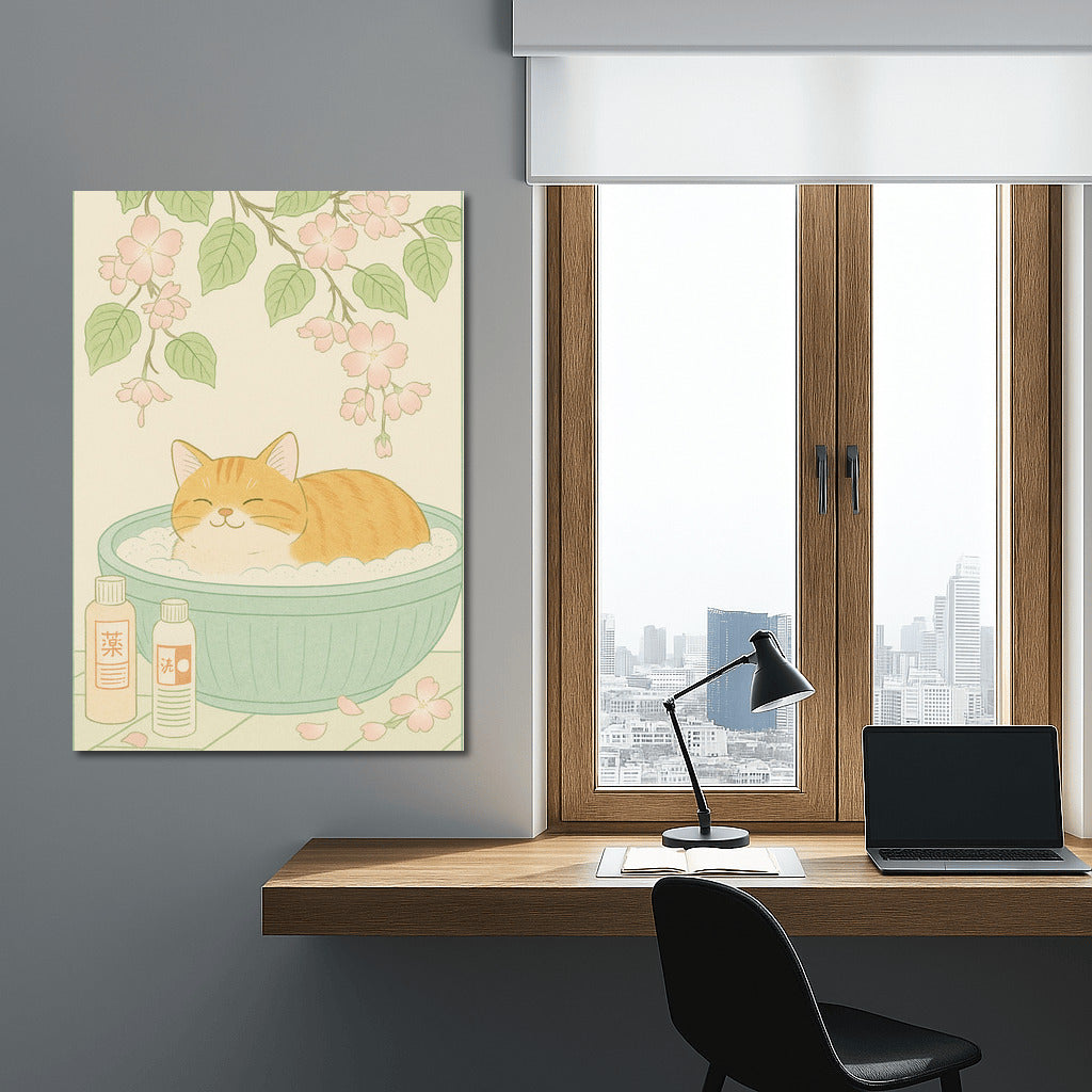 Cozy Kitty in a Blooming Bath: Japanese Minimal Calm