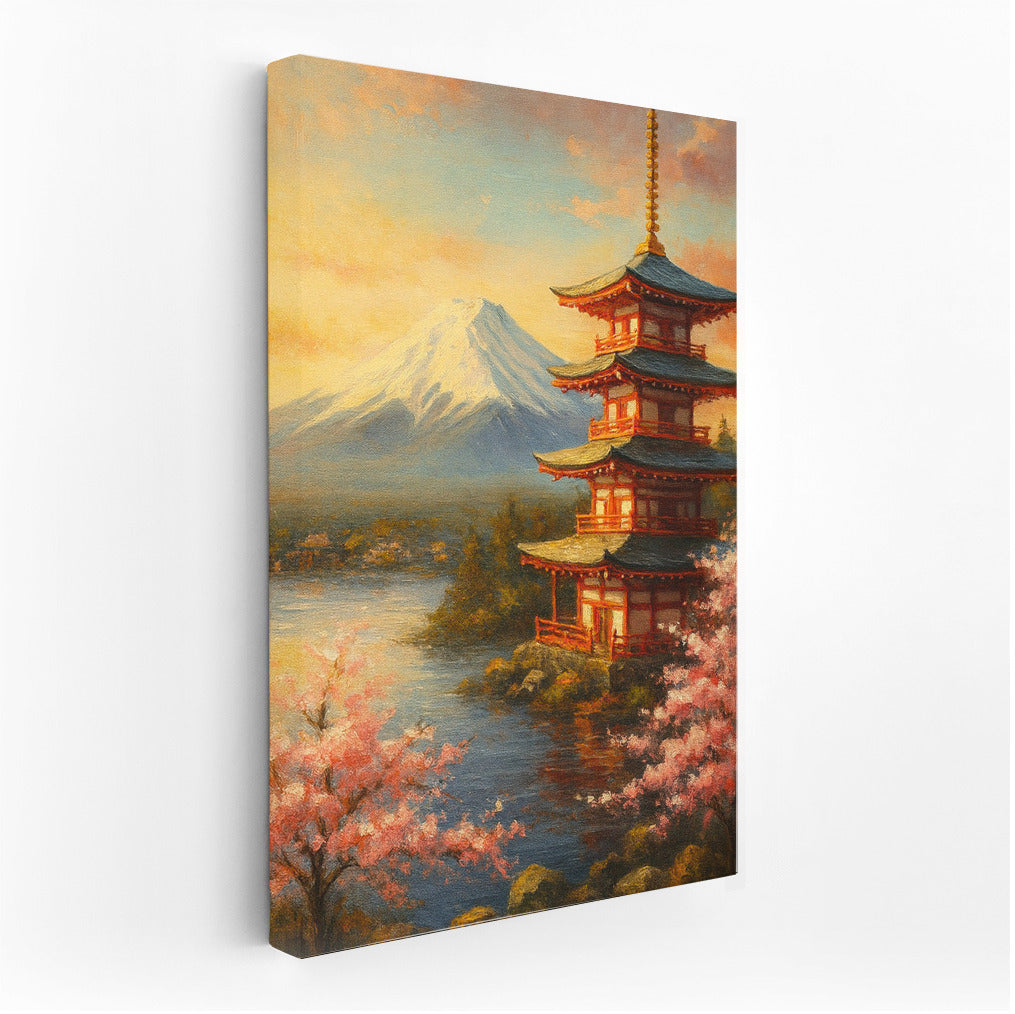Pagoda and Sakura at the Foot of the Mountain: Japanese Minimalist Tranquility