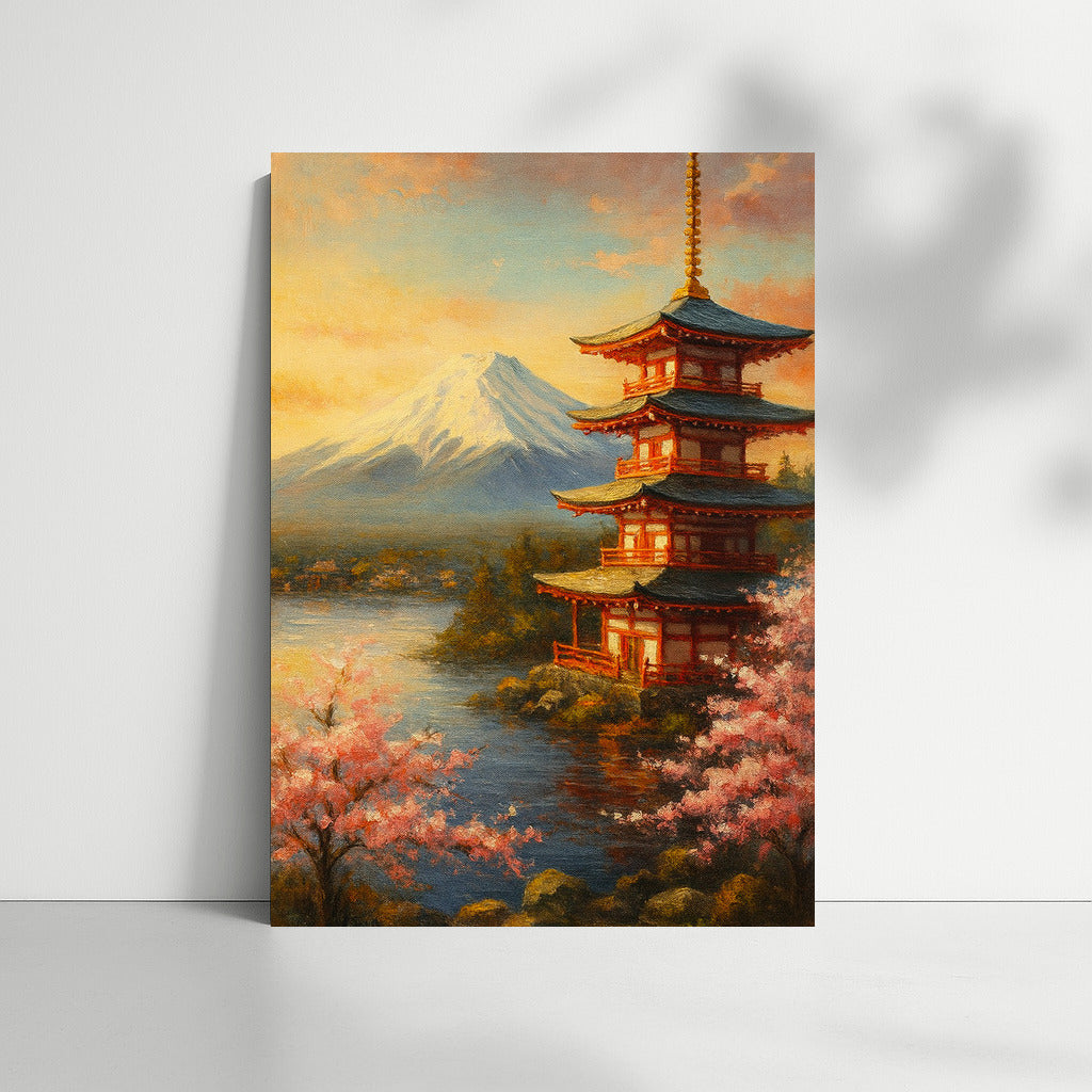 Pagoda and Sakura at the Foot of the Mountain: Japanese Minimalist Tranquility