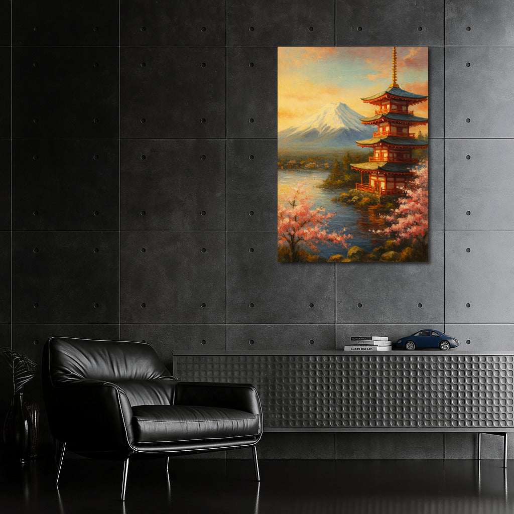 Pagoda and Sakura at the Foot of the Mountain: Japanese Minimalist Tranquility