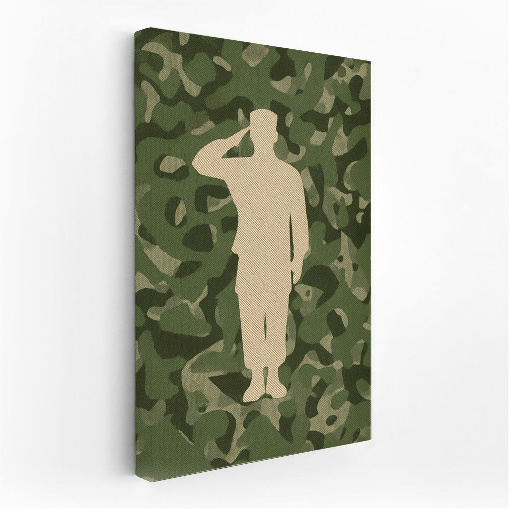 Silhouette of a Saluting Veteran on a Camouflage Background